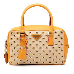Pre-Loved Prada Small Saffiano Trimmed Canvas Grommet Bauletto Bag